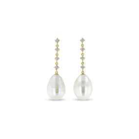 14k Linked Prong Diamond & Baroque Pearl Drop Earrings