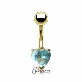 18K Gold Ion Plated Aqua Heart C.Z Prong Set Belly Button Ring