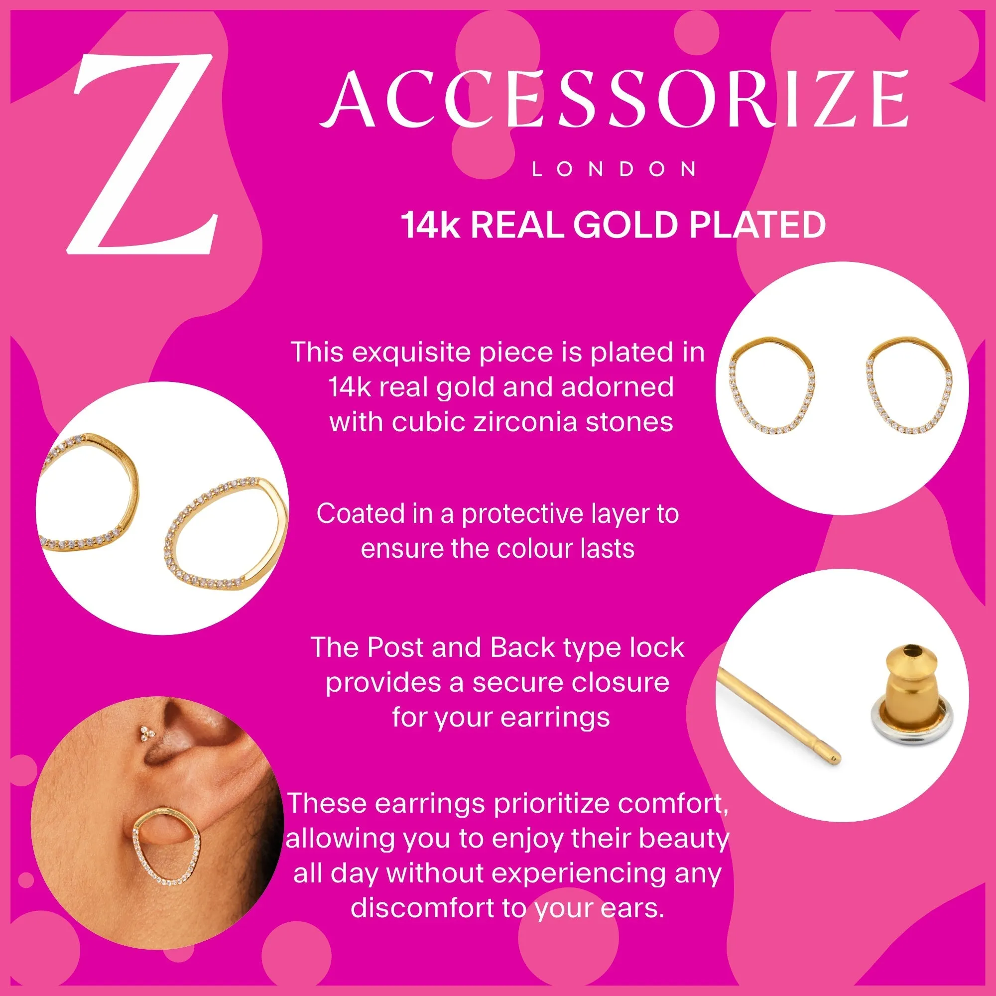 Accessorize London Women's Z Real Gold-Plated Cubic Zirconia Pebble Stud Earrings