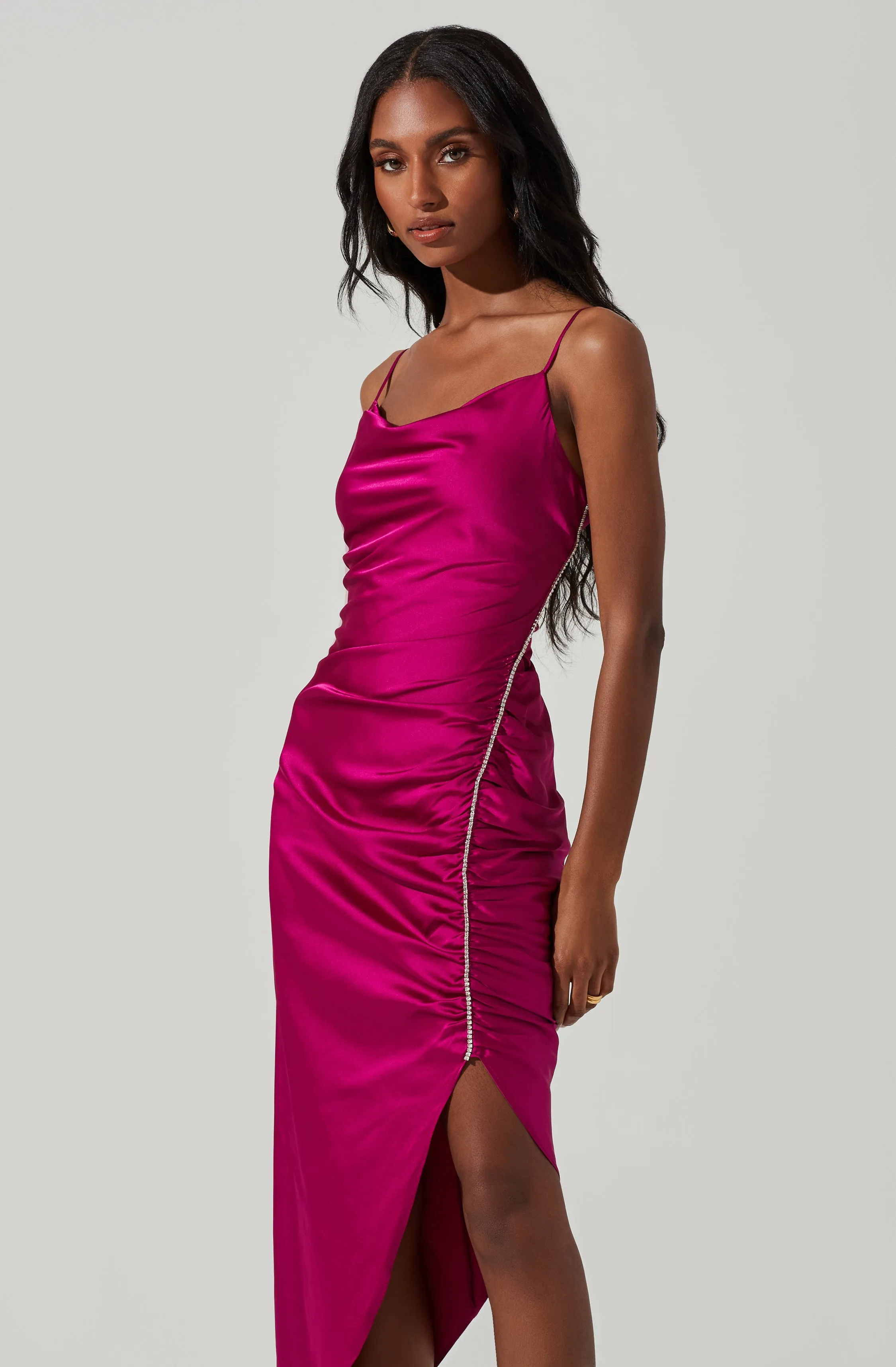 Anika Satin Rhinestone Embellished Midi Dress