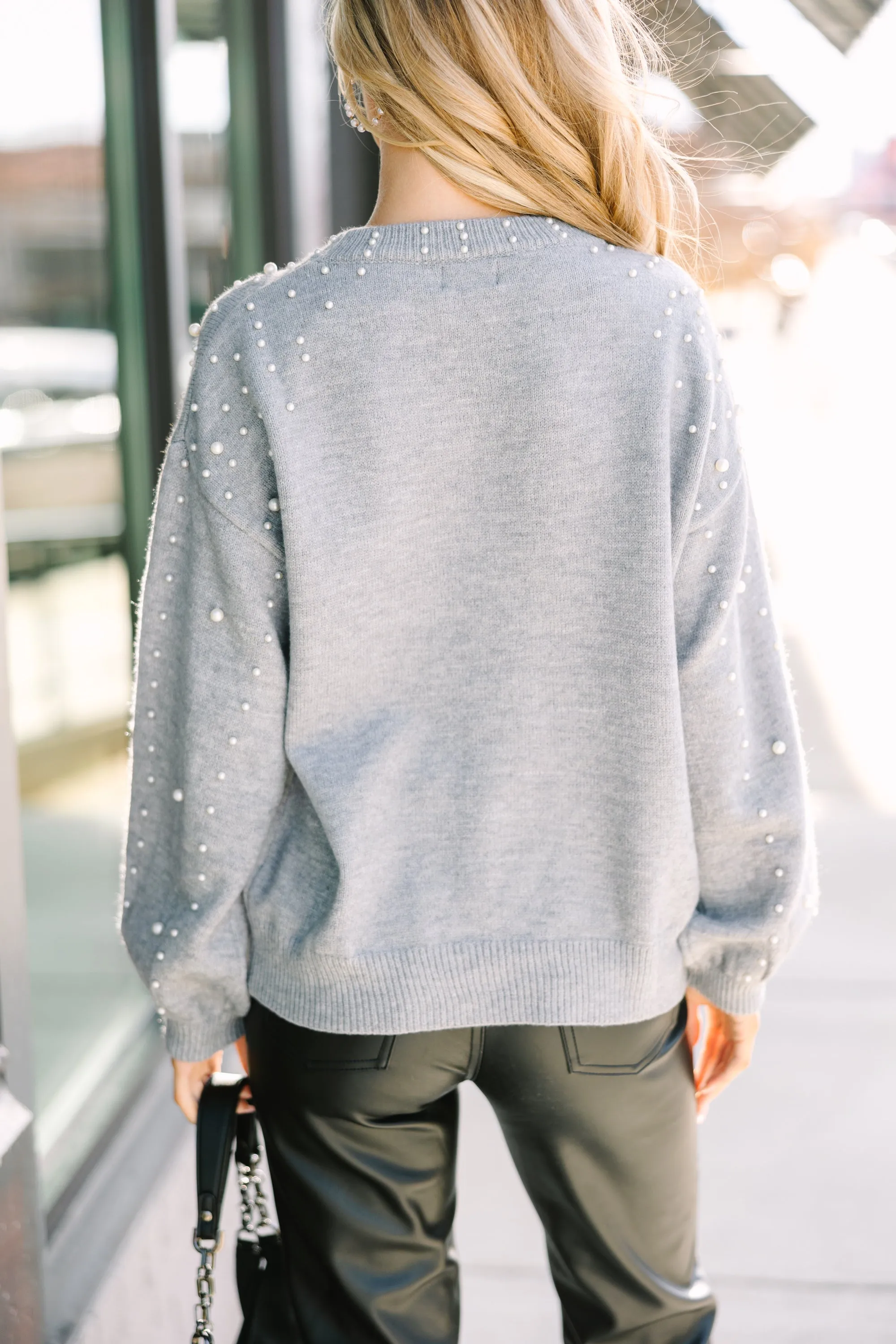 Can't Help But Love Dark Gray Pearl Studded Sweater