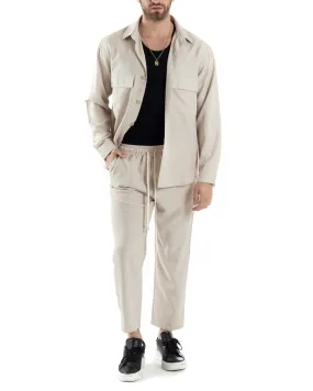 Completo Set Coordinato Uomo Viscosa Camicia Pantaloni Jogger Outfit Melangiato Beige GIOSAL-OU2453A