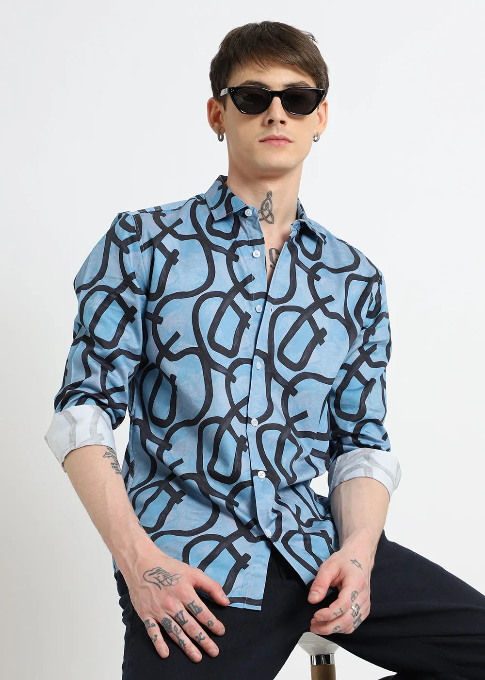 Contour Lines Blue Printed Shirt