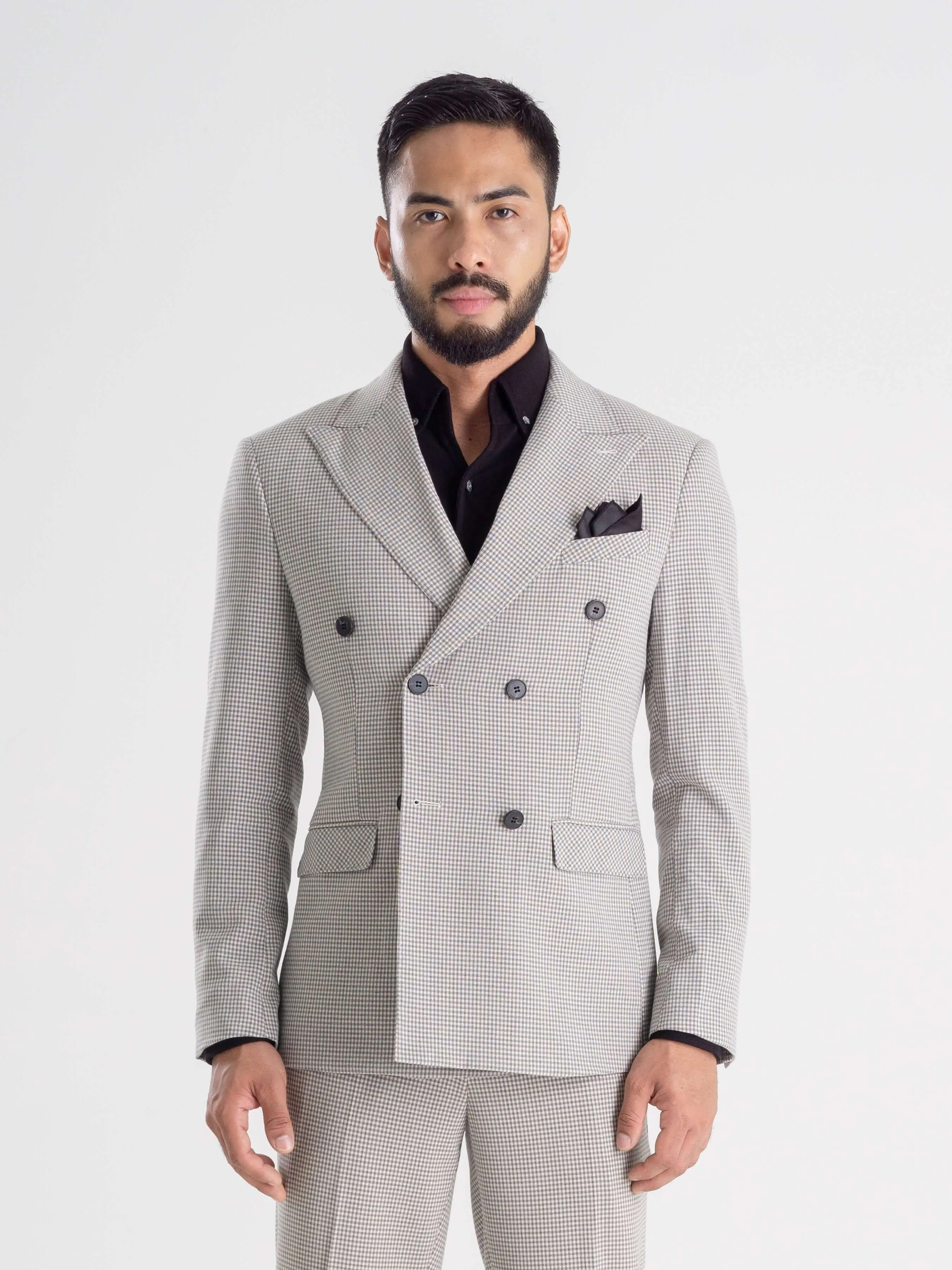 Double Breasted Suit Blazer - Ash Grey Plaid (Peak Lapel)