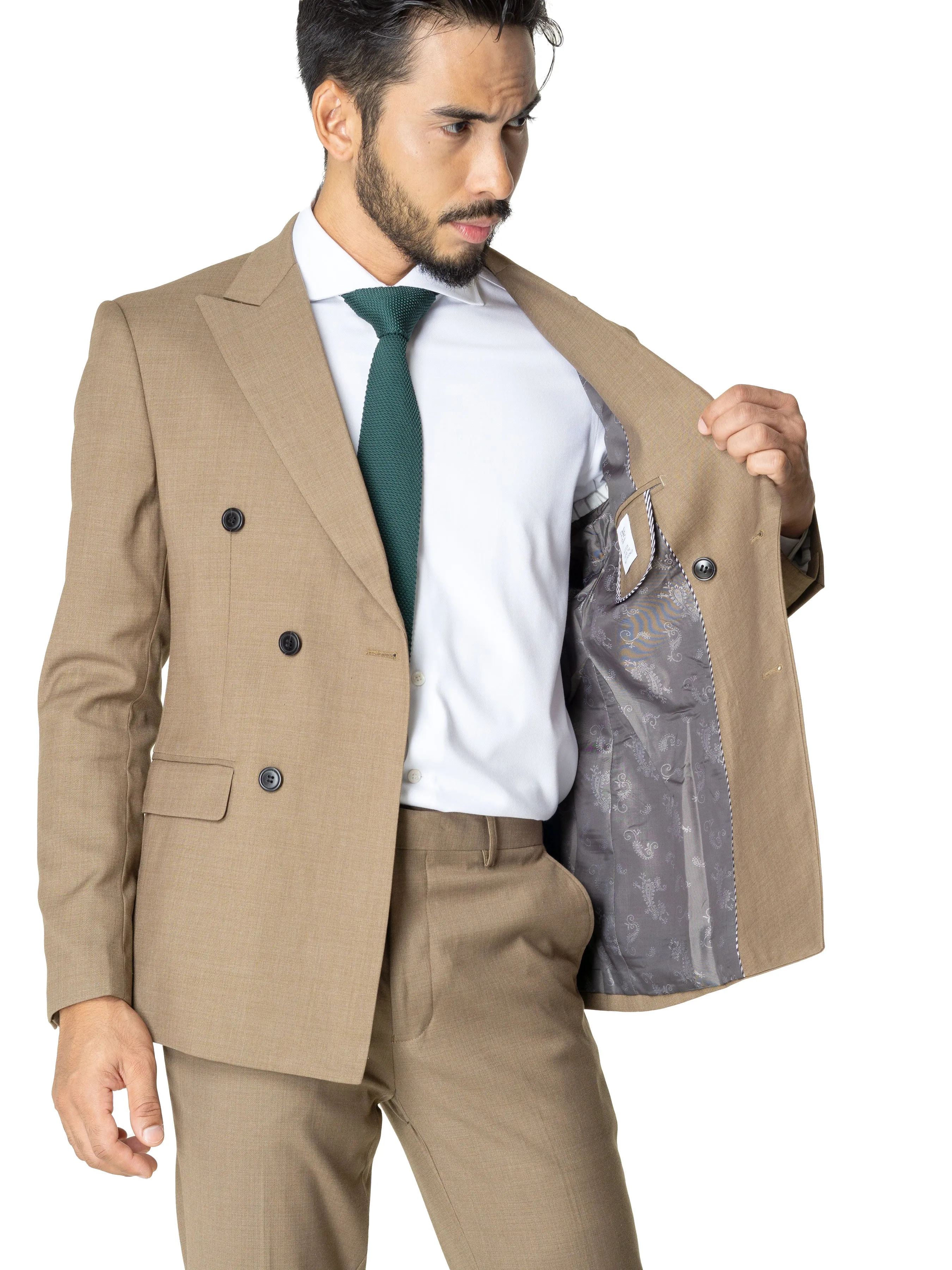 Double Breasted Suit Blazer - Khakis Plain (Peak Lapel)