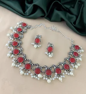 Exquisite Red Stone Studded German Silver Oxidized Necklace Set With Unicorn Design