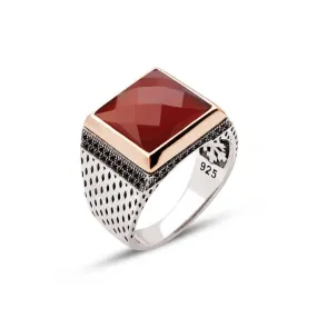 Facet Cut Red Agate Stone Square Silver Men’s Ring Siding Zircons and Teardrop Pattern