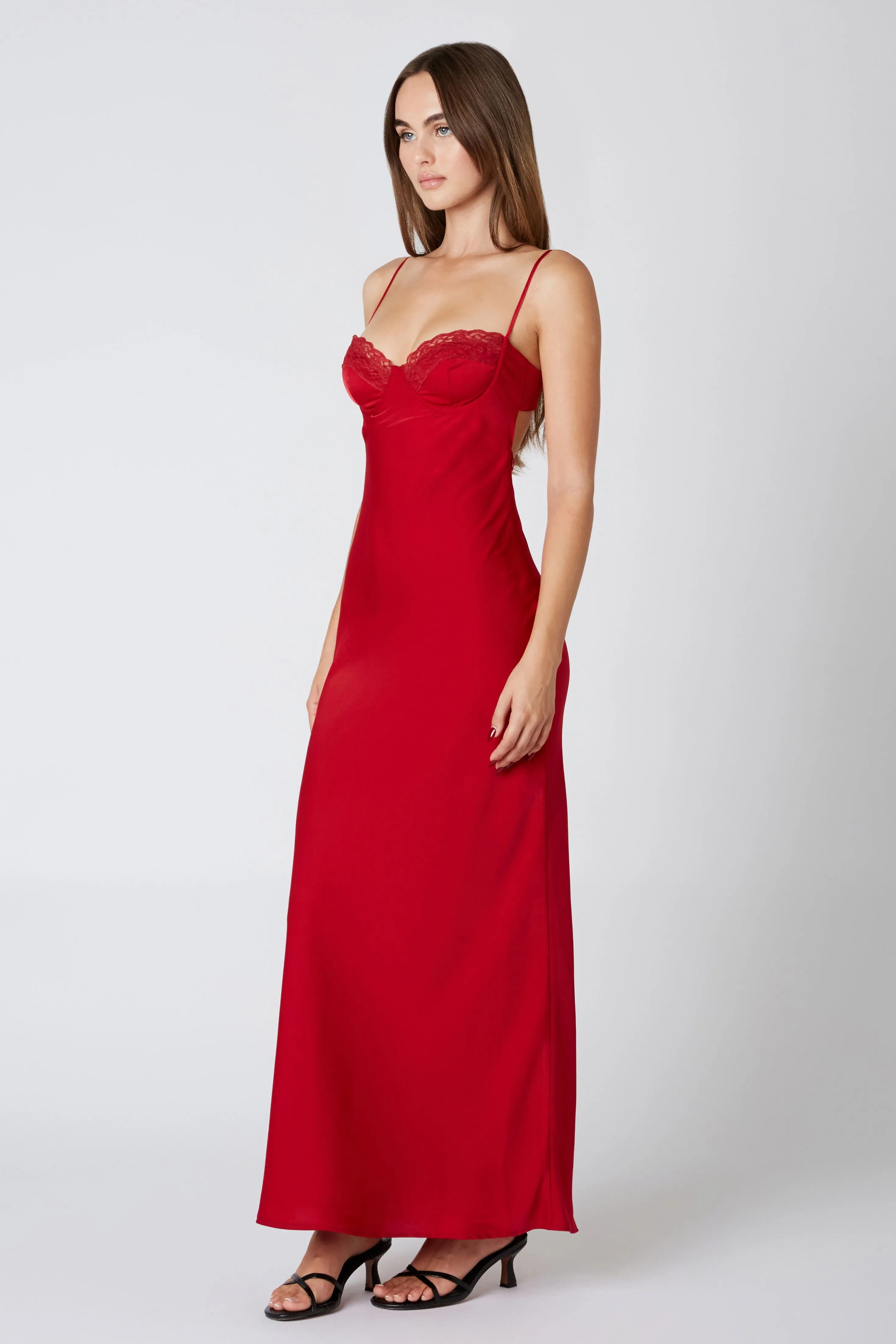 Gigi Satin Wire Bra Slip Maxi Dress - Ruby