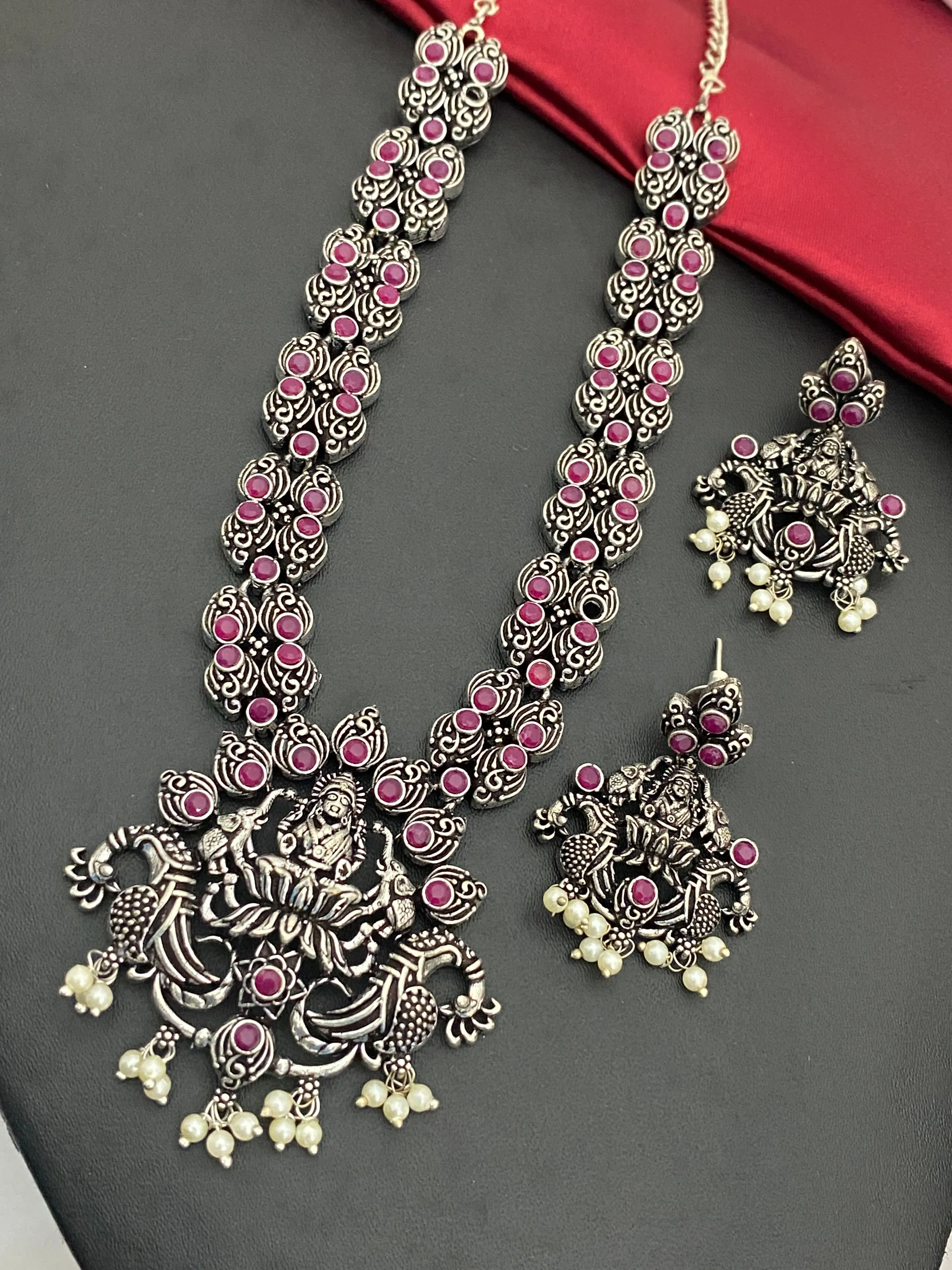 Gorgeous Silver Oxidized Long Lakshmi Haram With Ruby Stone Braded Necklace Set With Earrings