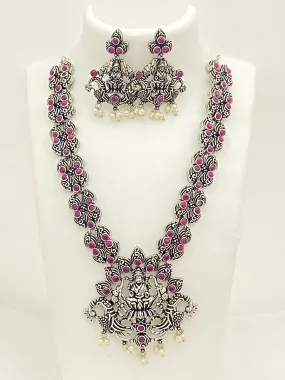 Gorgeous Silver Oxidized Long Lakshmi Haram With Ruby Stone Braded Necklace Set With Earrings