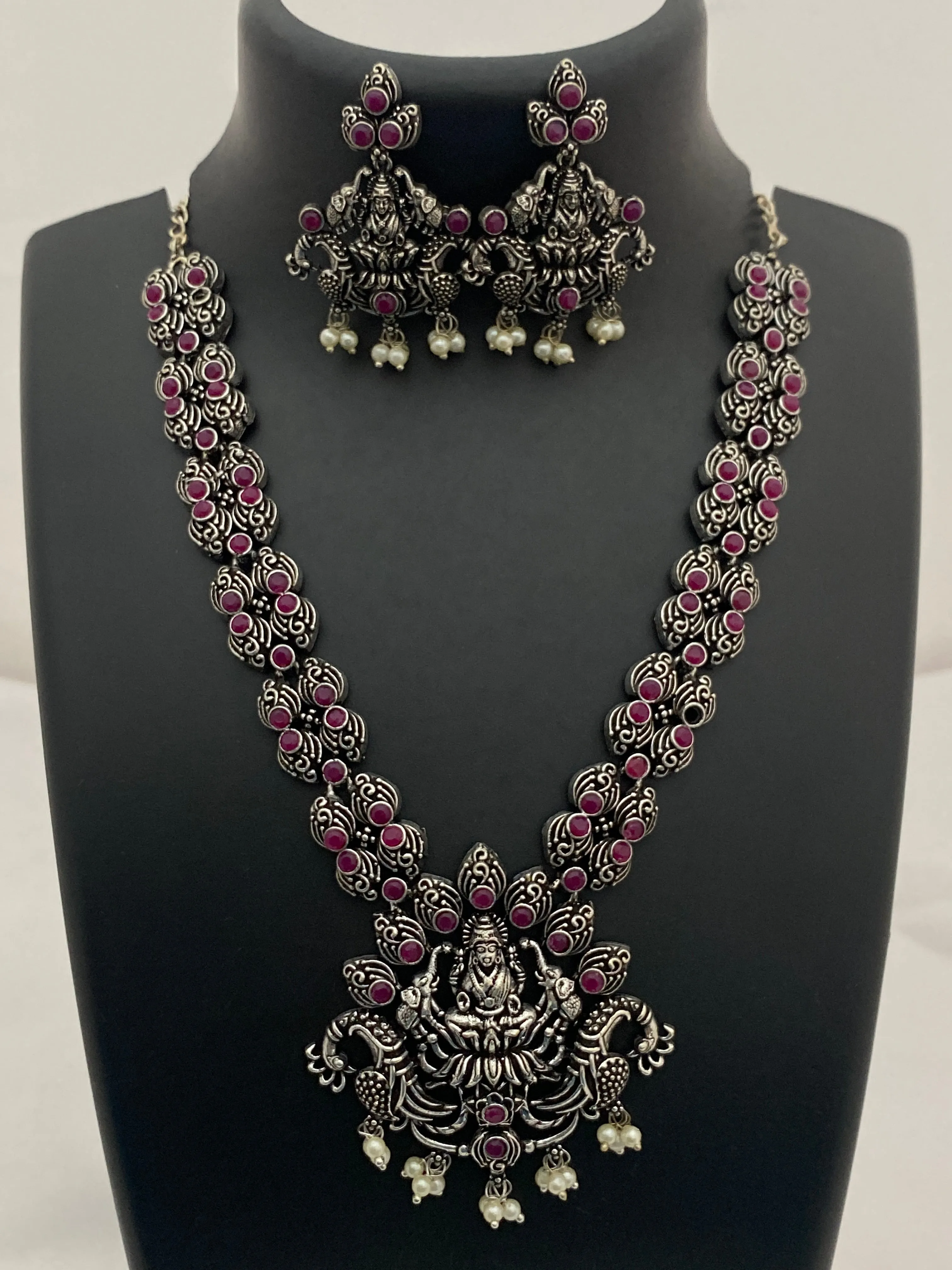 Gorgeous Silver Oxidized Long Lakshmi Haram With Ruby Stone Braded Necklace Set With Earrings