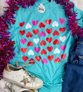 {I TEALLY HEART YOU} Lotsa Hearts Turquoise Crew Neck Tee