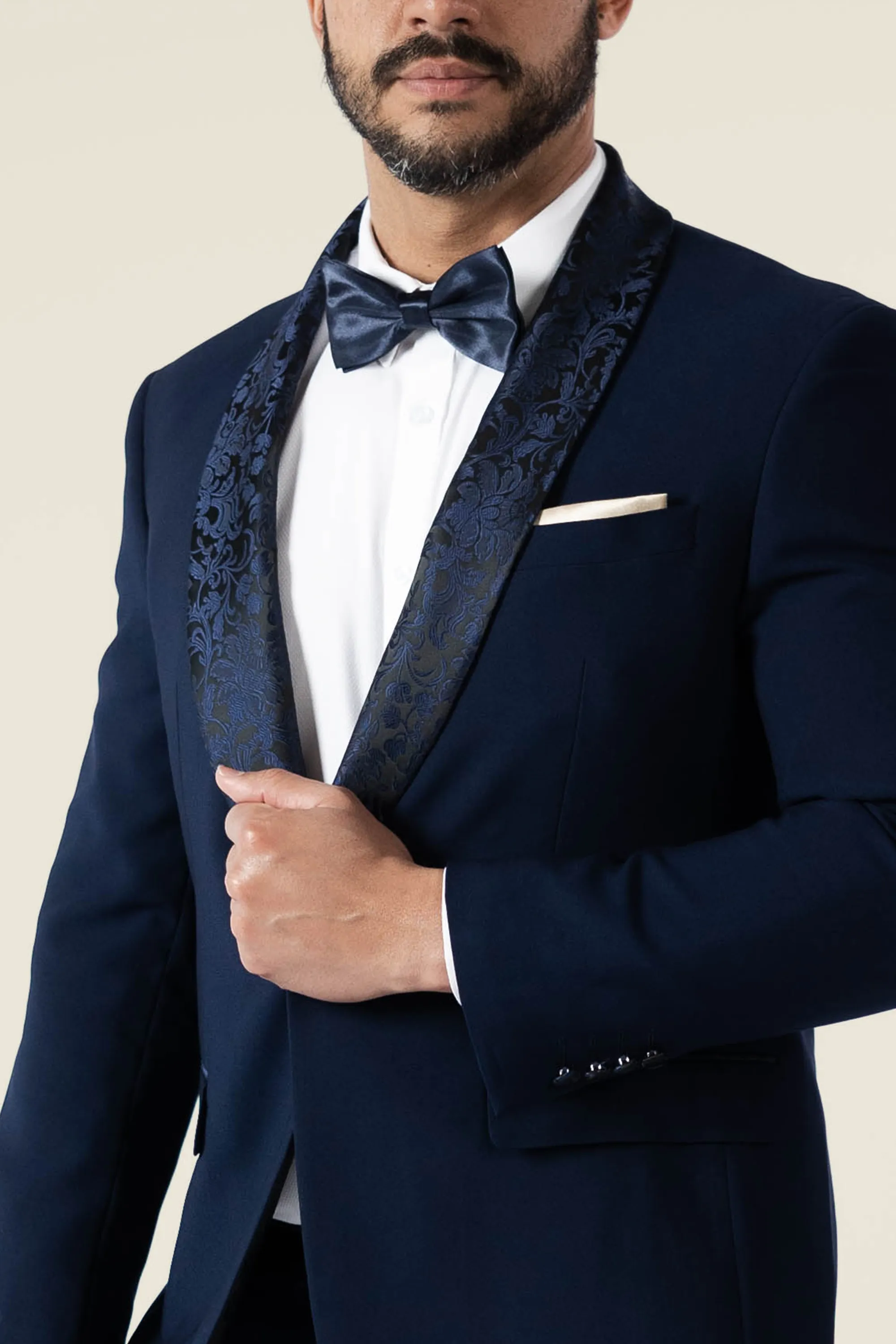 Mens Navy Tuxedo with Embroidery Lapel