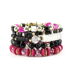 {METALLIC} Erimish Hot Pink, Black & White Beads Stack {Set of 5 Bracelets}