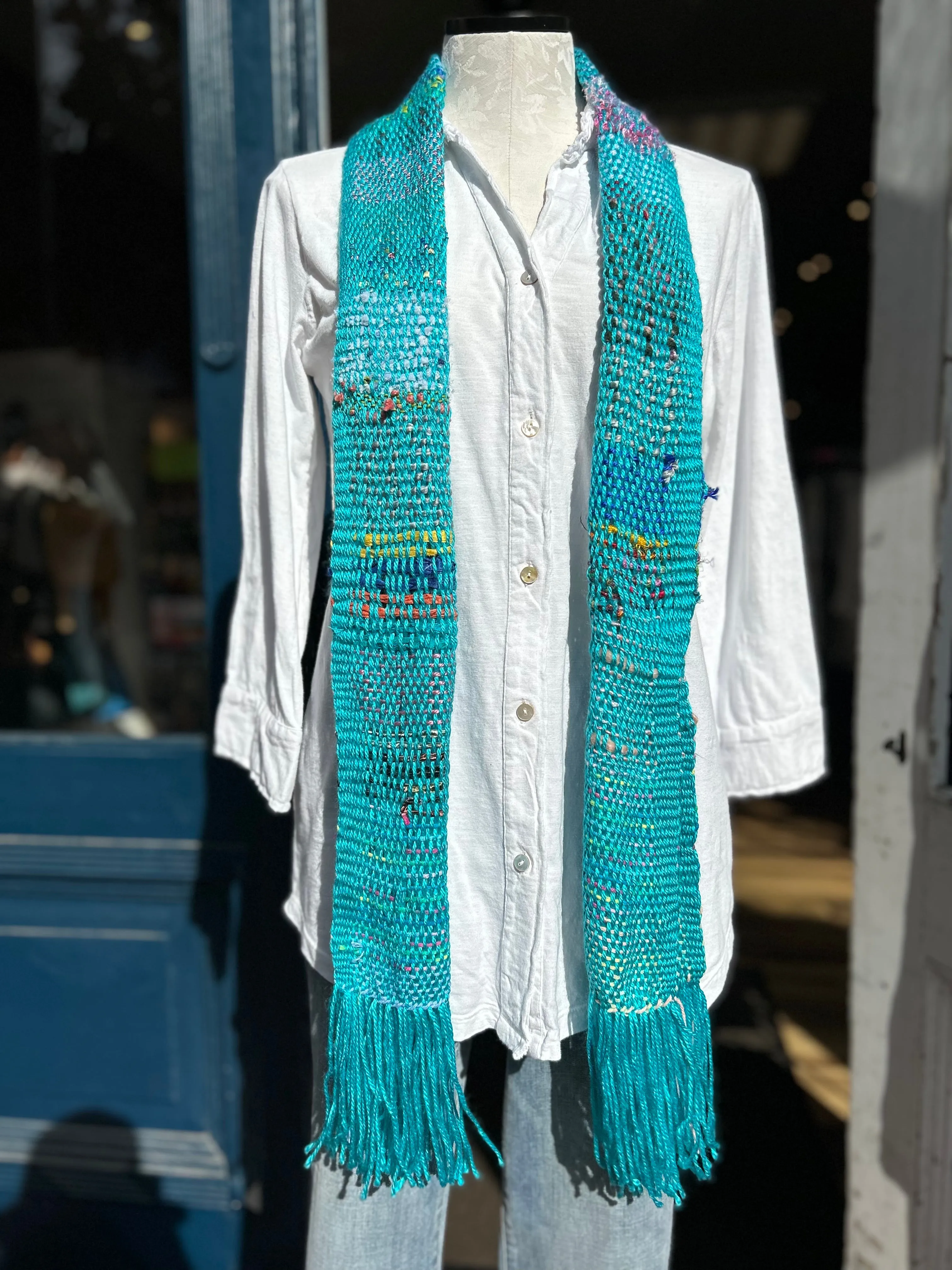 Natalie Reid scarf, narrow hand-woven fiber art