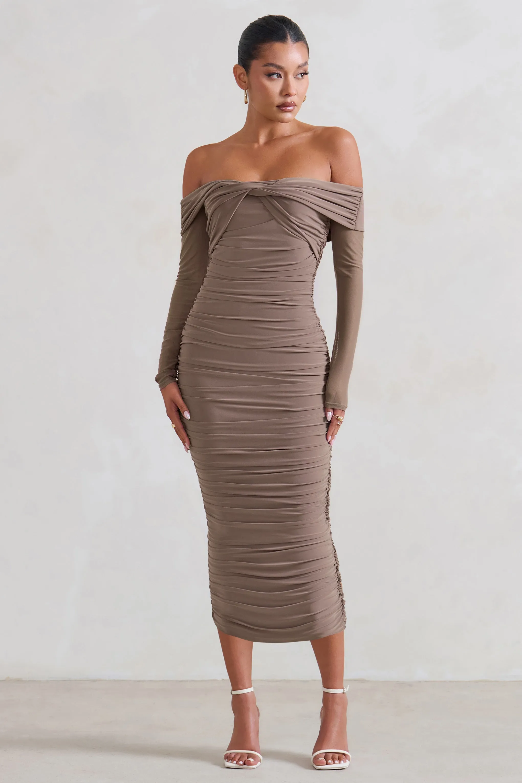 Neva | Mocha Bardot Twist Midi Dress