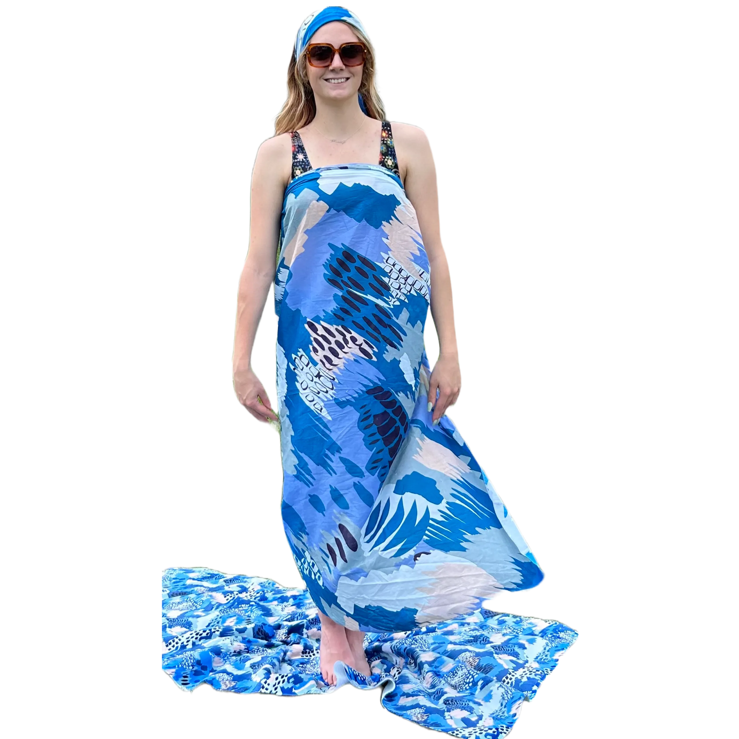 NYC Inspired Blue Abstract cotton scarf, 51x51", Running Stitch finsihed wdge