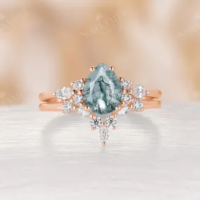 Pear Shape Moss Agate Vintage Cluster Engagement Ring Set Rose Gold