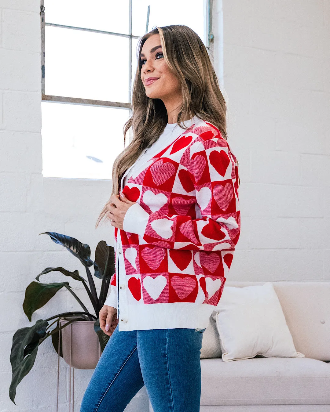 Red and Ivory Checkered Heart Cardigan FINAL SALE