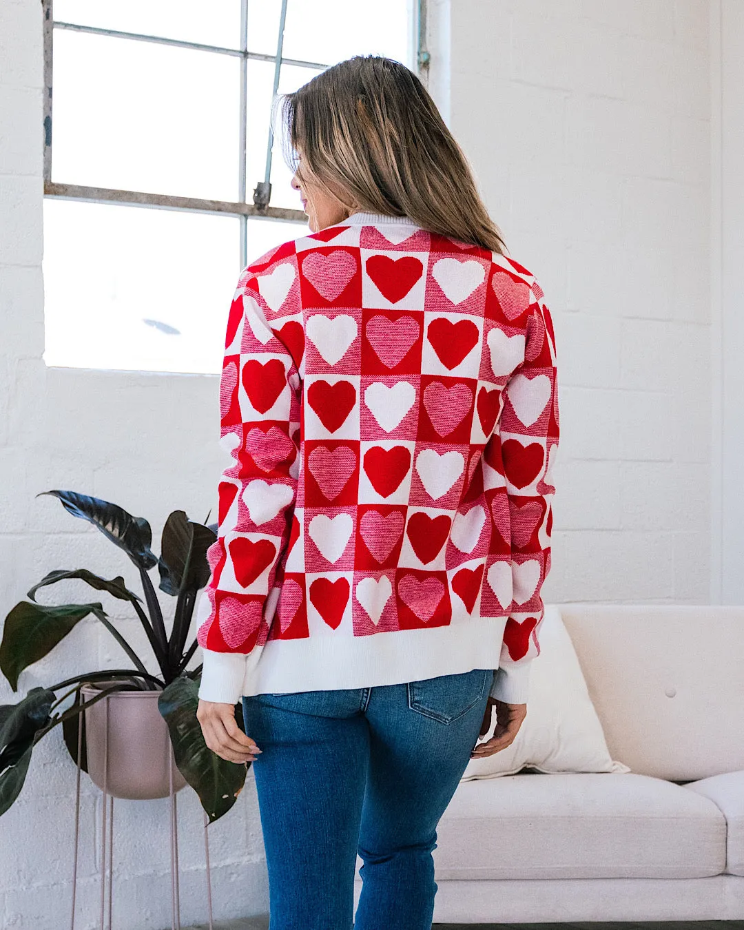 Red and Ivory Checkered Heart Cardigan FINAL SALE