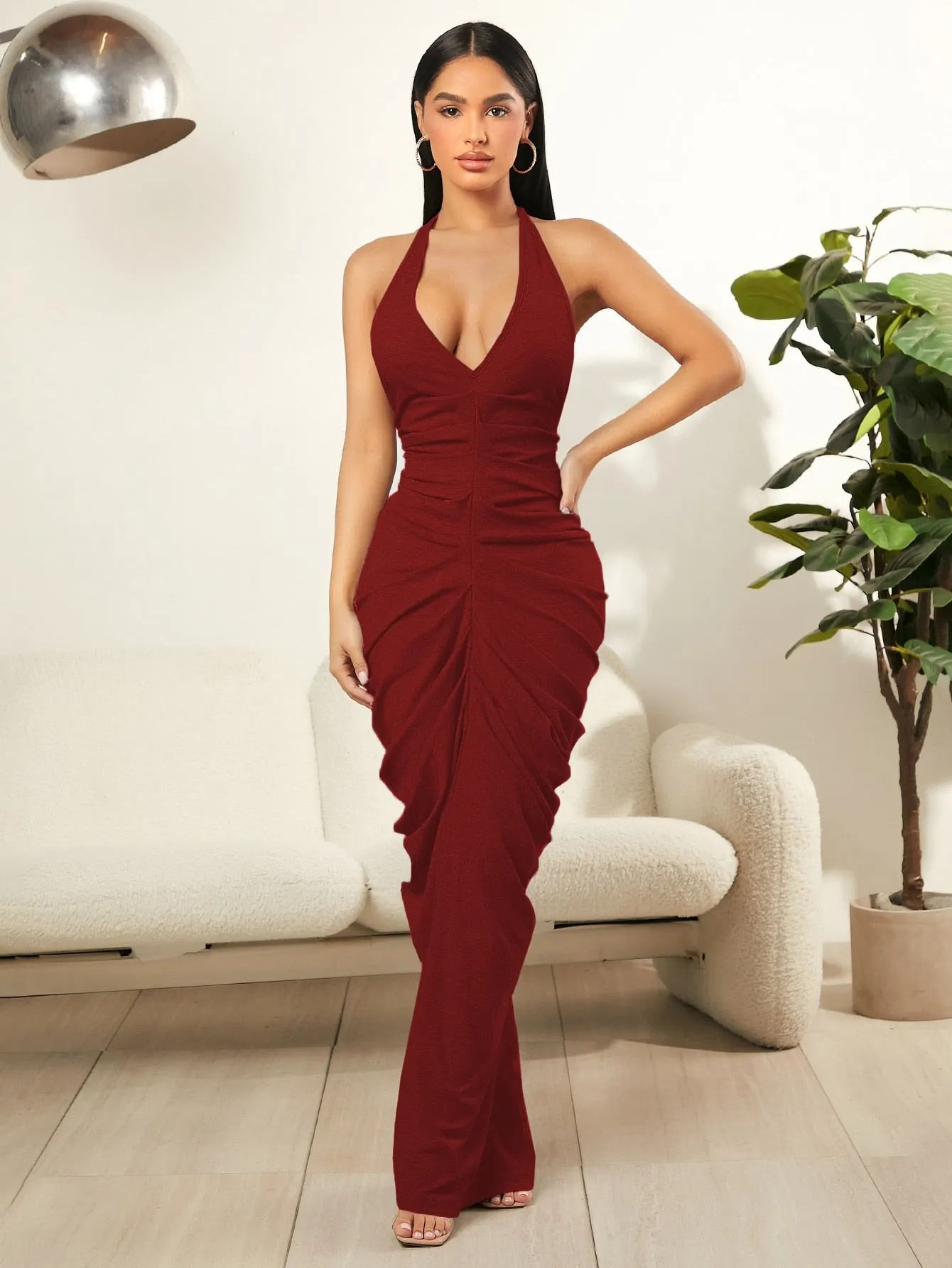 Ruched Backless Maxi Dress