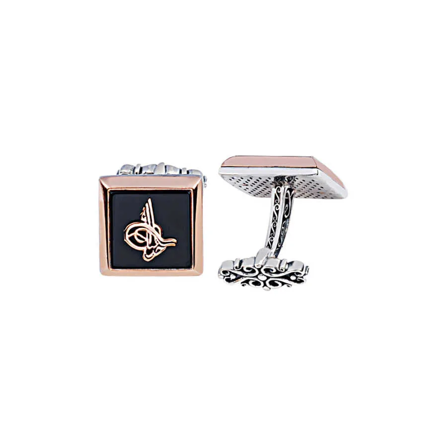 Silver Onyx Stone Tughra Square Cufflink