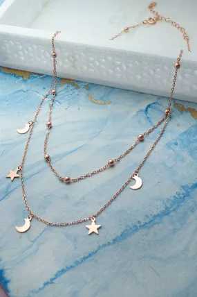 Stars & Moon Charms Rose Gold Plated Sterling Silver Chain Necklace