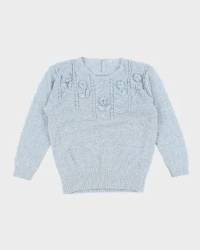 Vintage Woman's Baby Blue Rose embellished Knit Jumper - XS