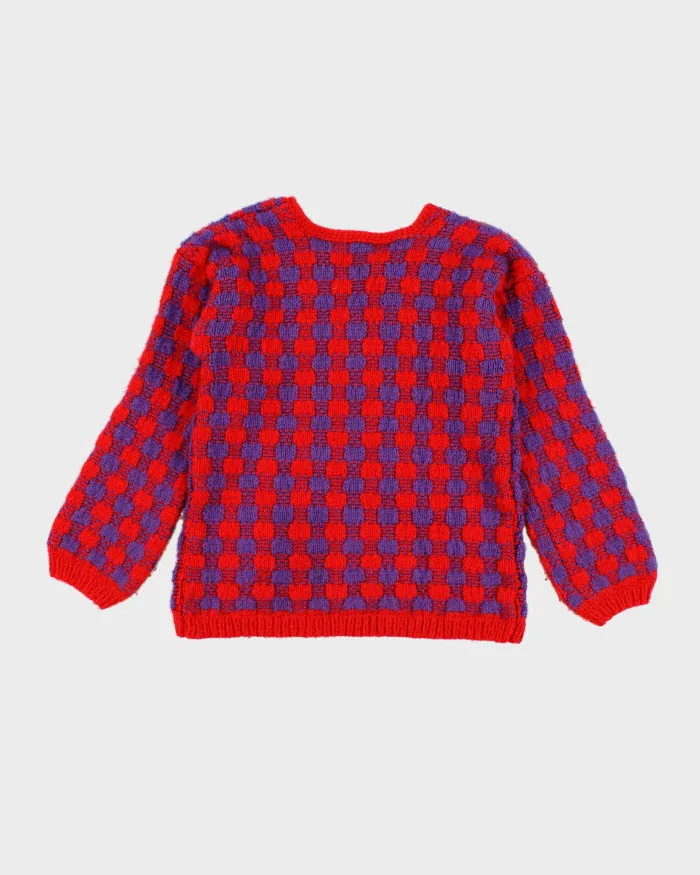 Vintage Woman's Hand Knit Checked Jumper - XS