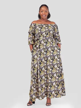 Vivo Tana Off Shoulder Maxi Dress - Black / Mustard Abstract Print