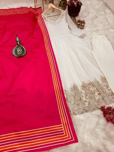 White Georgette Embroidery Work Anarkali Suit With Red Dupatta