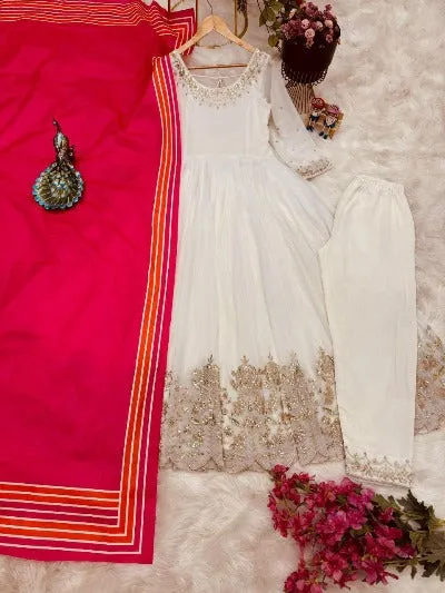 White Georgette Embroidery Work Anarkali Suit With Red Dupatta